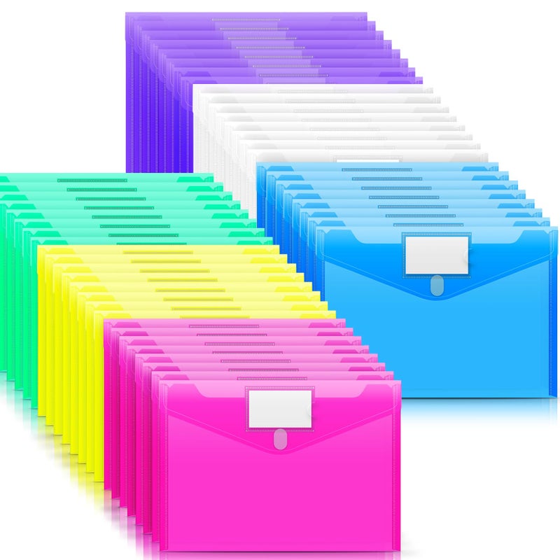 Sooez 48 Pack Plastic Envelopes Poly Envelopes  Clear Document Folders Plastic File Folders US Letter A4 Size File Envelopes with Label Pocket  Assorted Color - Image 1